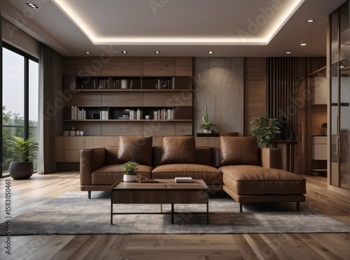 Elegant interior design of modern living room with brown leather sofa