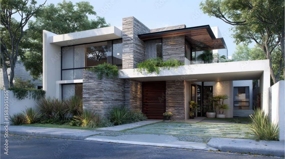 Fototapeta premium Modern architectural design of a home, showcasing a contemporary style, exterior design of the house with lush green landscaping