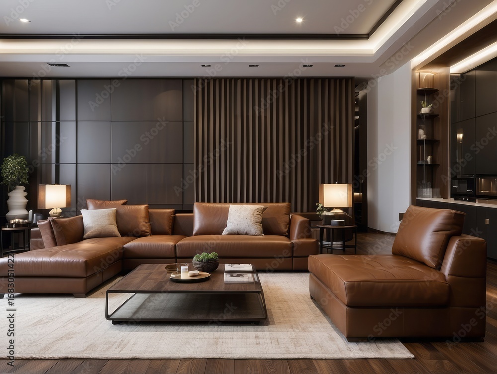 Fototapeta premium Elegant interior design of modern living room with brown leather sofa
