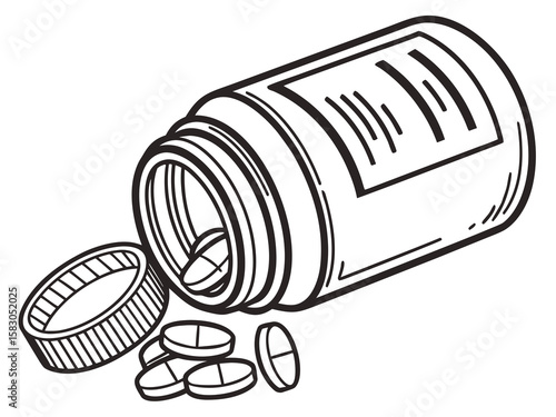 Hand drawn illustration of a pill bottle with pills spilling out isolated on white background