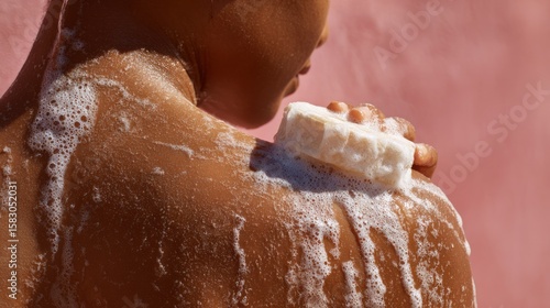 A person using soap and a sponge to wash their back