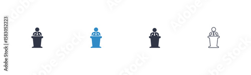 Speaker at a Podium: Four Icon Variations Four simple, stylized icons depicting a person speaking at a podium.