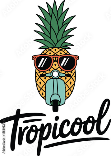 Cool pineapple character wearing sunglasses riding a scooter with tropicool text Vector Graphic T Shirt Design