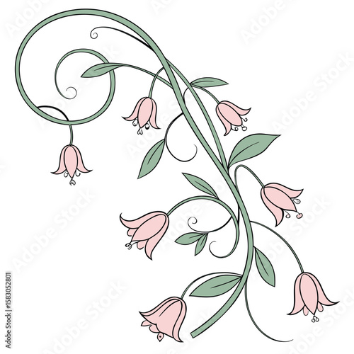 Elegant floral ornament in pastel pink and green with artistic flourishes on white background