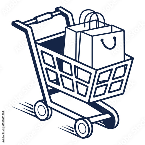 Shopping cart filled with bags moving quickly isolated on white background