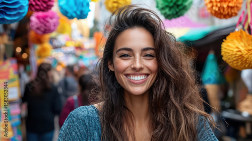 Wallpaper Mural Smiling woman with long hair in colorful market Torontodigital.ca