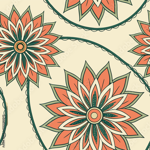Elegant floral pattern design featuring repeating flowers and organic shapes with a creamy background