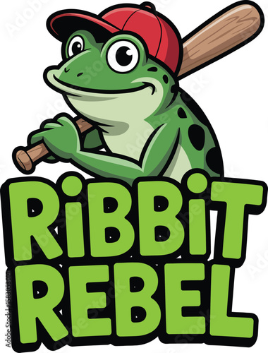 Cute cartoon frog wearing a baseball cap and holding a baseball bat with text Vector Graphic T Shirt Design