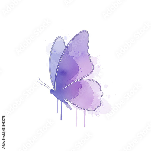 Purple watercolor butterfly with delicate outline and dripping effect