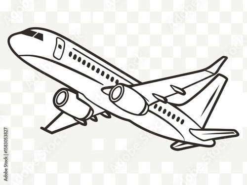 Black and white illustration of a passenger jet airplane taking off isolated on white background