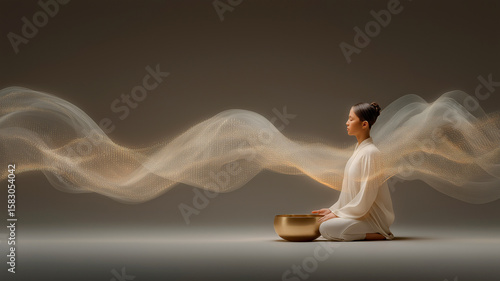 Serene Meditation with Singing Bowl and Ethereal Waves in Tranquil Setting