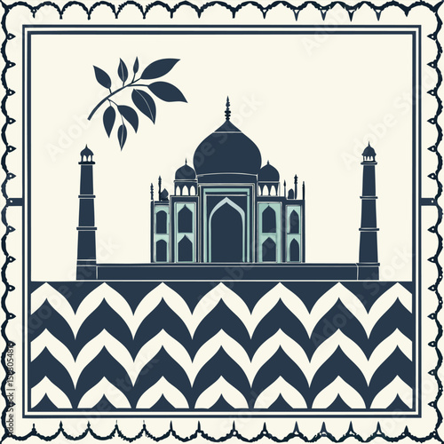 Elegant graphic illustration of taj mahal monument and decorative border with vintage aesthetic on white