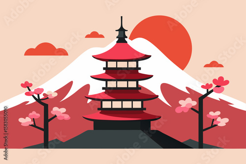 Japanese pagoda and cherry blossoms vector illustration, a serene symbol of Japanese architecture and travel design