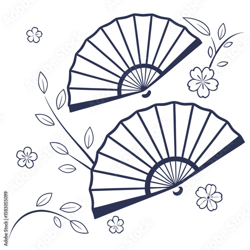 Elegant japanese design featuring fans cherry blossoms and delicate foliage in transparent vector