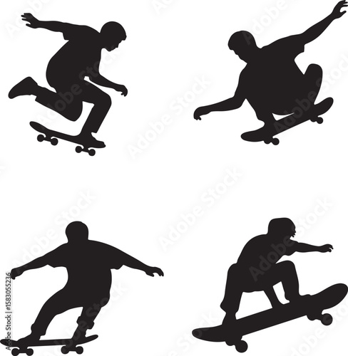 Skateboarder silhouette set, skateboarder performing tricks and jumps, dynamic skateboarder silhouette vector illustration, male silhouette skateboarding vector