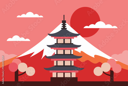 A vector illustration of a traditional Asian temple amidst a serene Japanese garden, featuring pagodas and ancient architecture under a vast sky, perfect for travel and cultural themes