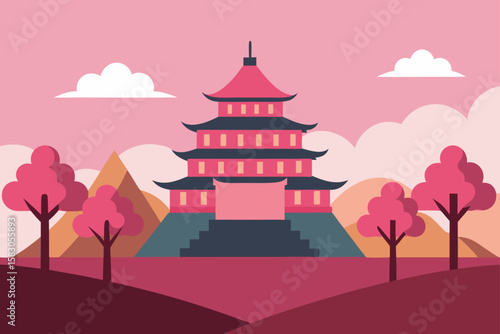 Traditional Asian temple architecture featuring a pagoda under a vast sky, evoking ancient Chinese culture and history
