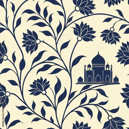 Elegant seamless floral pattern with taj mahal silhouette in a classic blue and cream design