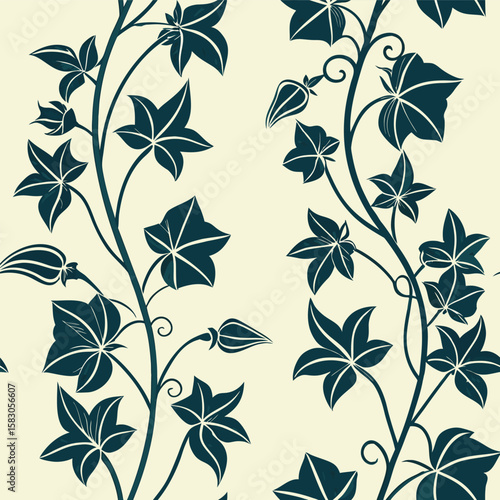 Elegant seamless pattern of dark green ivy leaves and vines on a soft beige background