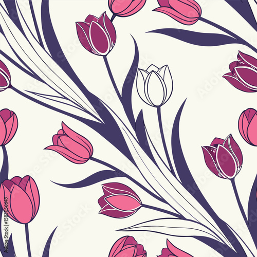 Elegant seamless pattern of hand drawn pink and purple tulips on a transparent white background