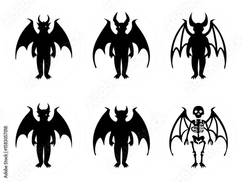 Collection of stylized silhouettes featuring demons and a skeleton