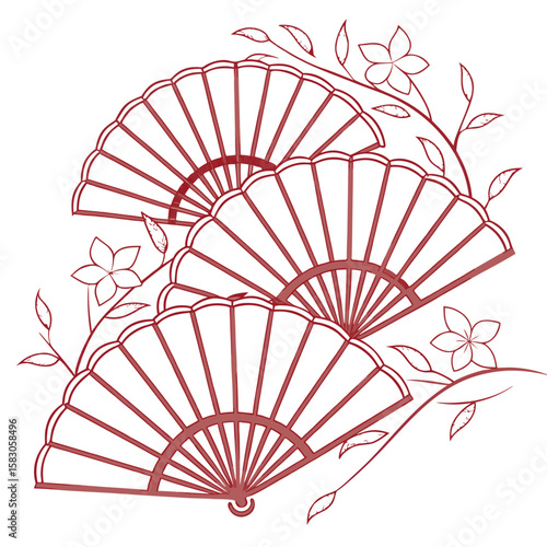 Elegant vector illustration of hand fans with flowers and foliage on a transparent background