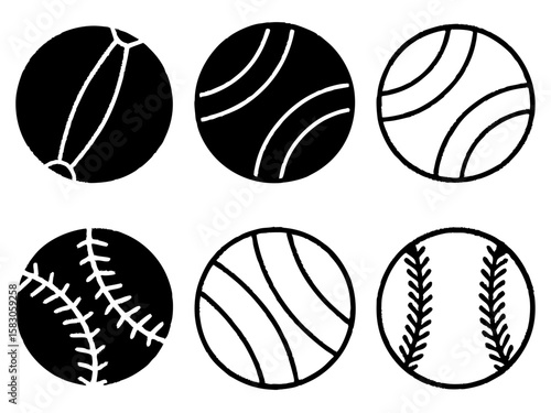 Collection of six stylized sports balls in black and white