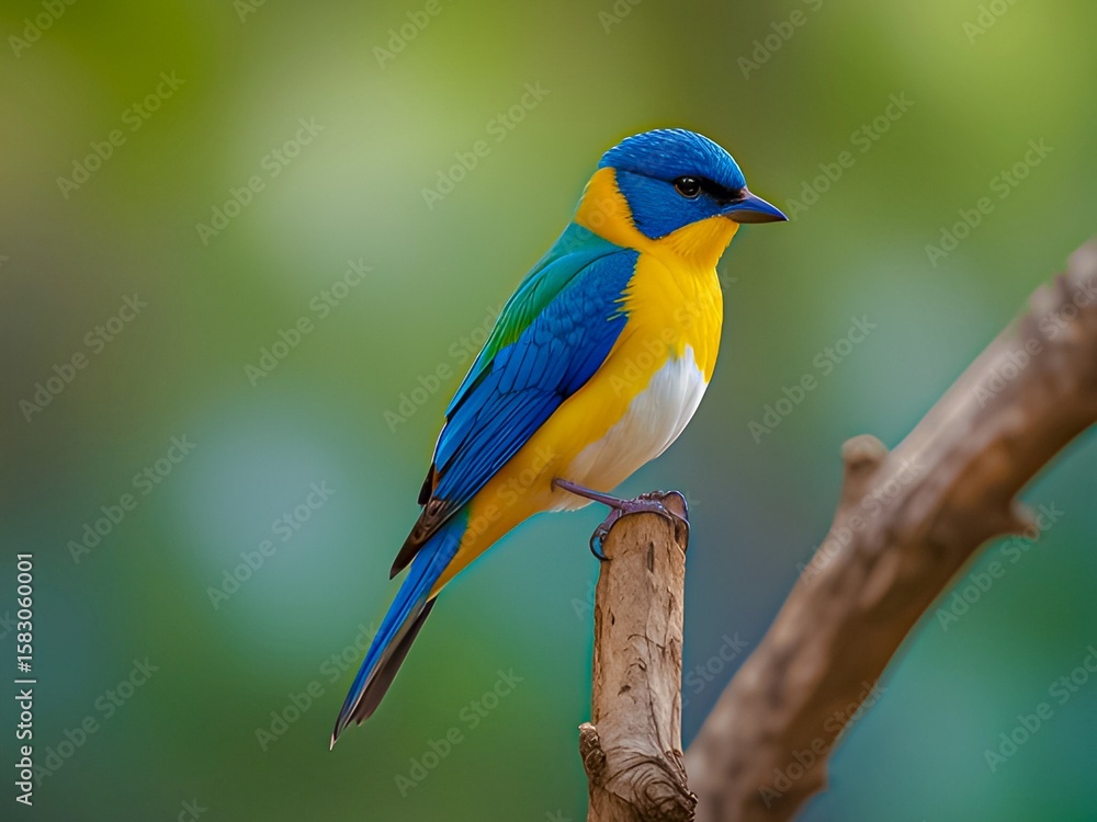 Fototapeta premium Vibrant kingfisher perched on a branch with blurry green background