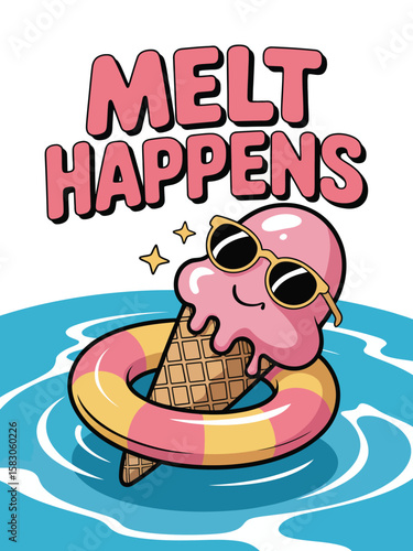 Funny melting ice cream cone with sunglasses floats on a life preserver in the water Vector Graphic T Shirt Design