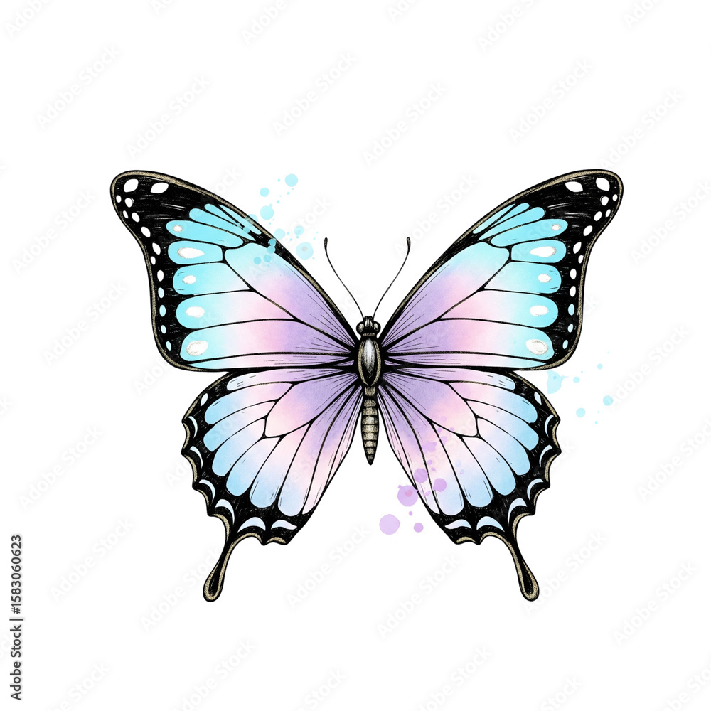 Obraz premium Beautiful butterfly with pastel blue and pink wings and black markings