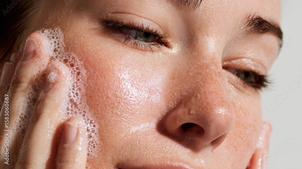 Fototapeta premium A close-up of a woman washing her face with soap, revealing clean skin and a glowing complexion. The image captures a moment of self-care and freshness.