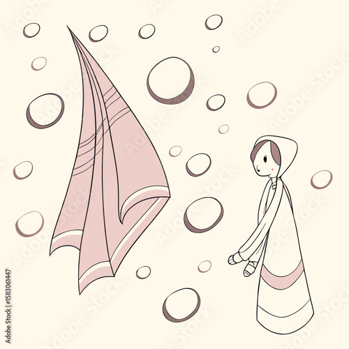 Playful illustration of a person interacting with a floating umbrella on a white background