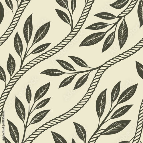 Seamless botanical pattern featuring leaves and rope elements on a creamy background