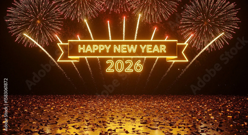 Happy New Year 2026: A dazzling display of fireworks illuminates the night sky, heralding the arrival of 2026. Golden confetti blankets the ground, celebrating hope and fresh beginnings.