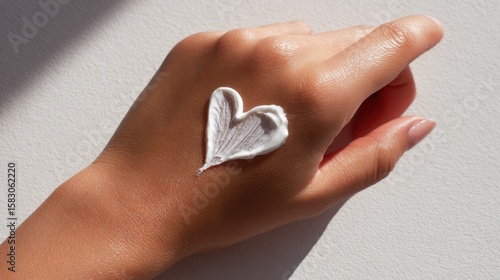 A hand with a heart-shaped dollop of lotion. A close-up shot shows the smooth skin and the cream's texture, suggesting care and affection