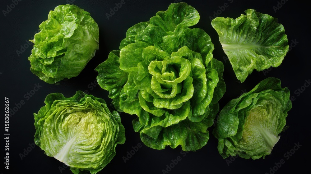 Fototapeta premium Fresh green lettuce heads and leaves arranged artfully against a dark backdrop