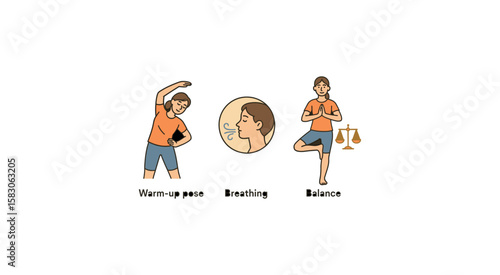 Illustrated exercise guide for yoga poses and breathing techniques
