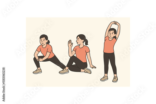 Cartoon female characters performing stretching exercises