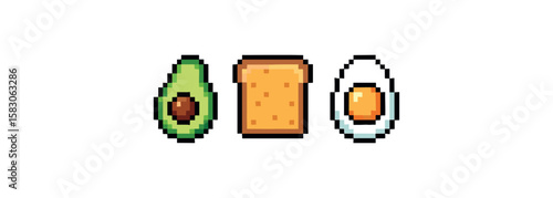 Pixel art avocado, toast, and egg breakfast icons on white background
