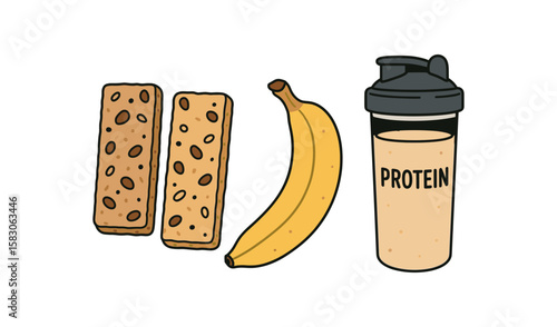 Banana, granola bars, and protein shake for healthy nutrition