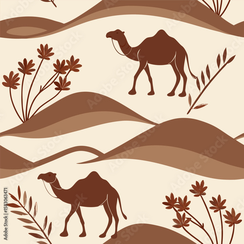 Seamless pattern of camels and desert landscapes in earth tones with abstract foliage