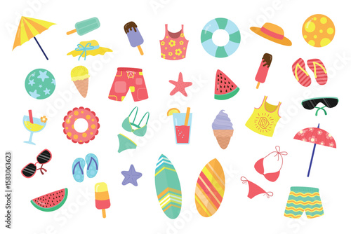 Summer Beach Items and Accessories Doodle Illustration Collection