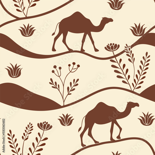 Seamless pattern with camels and desert plants in earthy tones for decorative design