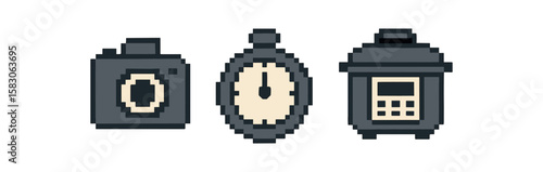 Pixel art camera stopwatch blender icons on white background