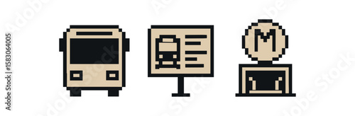 Retro pixel art icons of bus, map, and metro sign