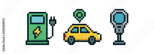 Pixel art electric car charging with parking meter icon