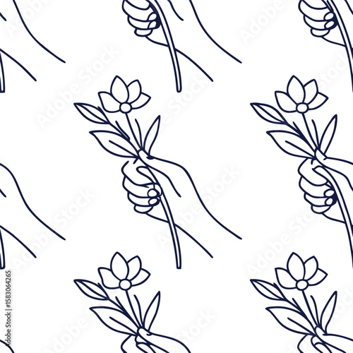 Simple elegant line art illustration of hands holding beautiful delicate flowers in seamless pattern