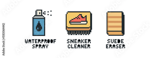 Pixel art shoe care icons: waterproof spray, sneaker cleaner, suede eraser