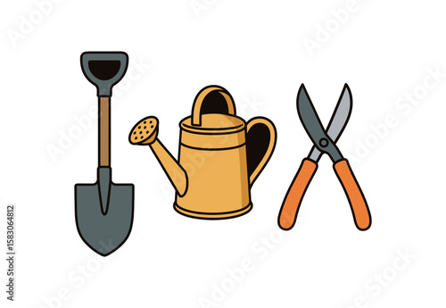 Gardening tools set with shovel, watering can, and pruning shears