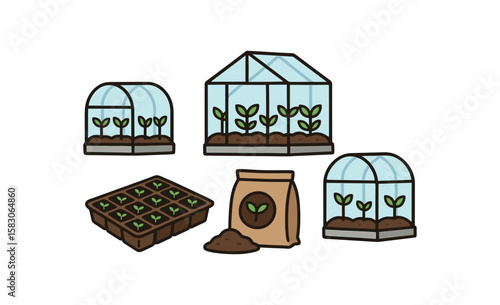 Greenhouse seedlings and gardening supplies illustration